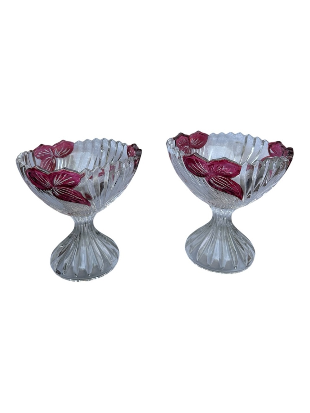 Vintage Pink Floral Pressed Glass Pedestal Dessert Bowls Set of 2 Candy Dish